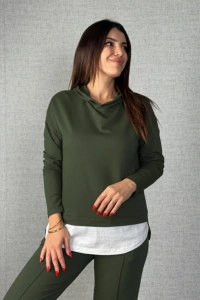 Kadın Uzun Kollu Kapşonlu Bağcıklı Viskon Iki Iplik Bluz Ve Pantolon Ikili Takım