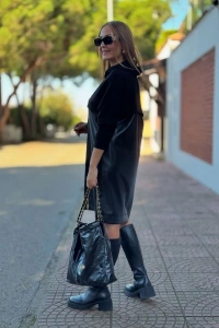 Kadın Uzun Kollu Kapüşon Ve Deri Detay Diz üstü Elbise