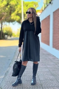 Kadın Uzun Kollu Kapüşon Ve Deri Detay Diz üstü Elbise