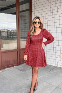 Kadın Uzun Kollu Kare Kalp Yakalı Mini Modal Elbise