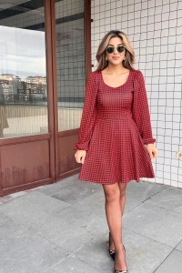 Kadın Uzun Kollu Kare Kalp Yakalı Mini Modal Elbise