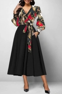 Kadın Uzun Kollu Kruvaze Yaka Dalgıç Krep Midi Boy Elbise