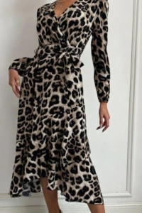 Kadın Uzun Kollu Kruvaze Yaka Yandan Bağlamalı önden Fırfır Detaylı Süprem Uzun Elbise