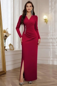 Kadın Uzun Kollu Kruvaze Yakalı Yanları Taşlı Yırtmaçlı Uzun Ithal Krep Elbise