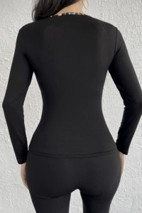 Kadın Uzun Kollu Leopar şeritli Viskon Bluz