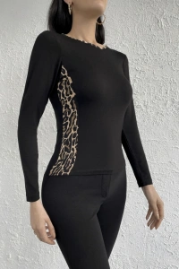 Kadın Uzun Kollu Leopar şeritli Viskon Bluz