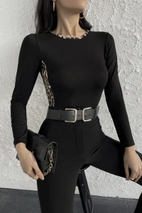 Kadın Uzun Kollu Leopar şeritli Viskon Bluz