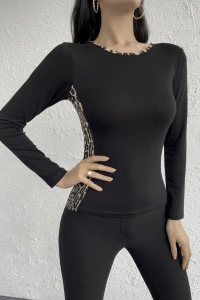 Kadın Uzun Kollu Leopar şeritli Viskon Bluz