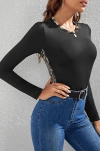 Kadın Uzun Kollu Leopar şeritli Viskon Bluz