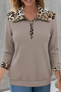 Kadın Uzun Kollu Leopar Yakalı Fermuarlı Waffle Bluz
