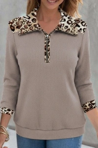 Kadın Uzun Kollu Leopar Yakalı Fermuarlı Waffle Bluz