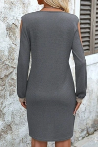 Kadın Uzun Kollu Omuzdan Açık V Dantel Yakalı Mini Waffle Elbise