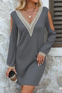 Kadın Uzun Kollu Omuzdan Açık V Dantel Yakalı Mini Waffle Elbise