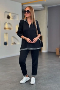 Kadın Uzun Kollu Ribana Ve Fermuar Detay Bluz Ve Yüksel Bel Pantolon 2li Takım