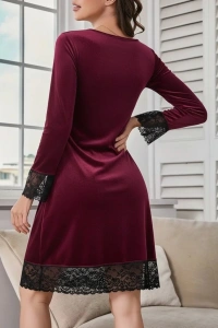 Kadın Uzun Kollu V Dantel Yakalı Mini Kadife Elbise