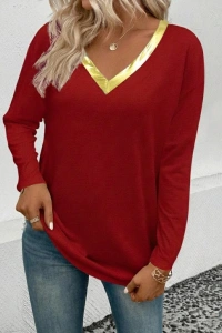Kadın Uzun Kollu V Parlak Yaka Detaylı Viskon Bluz