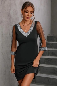 Kadın Uzun Kollu V Yaka Ve Kol Ucu Pul Payet Krep Elbise