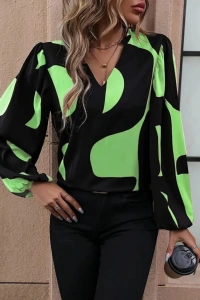 Kadın Uzun Kollu V Yakalı Desenli Modal Bluz