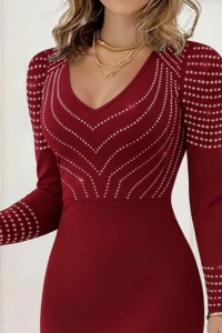 Kadın Uzun Kollu V Yakalı Taşlı Mini Ithal Krep Elbise