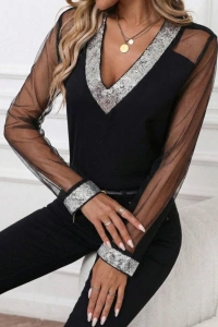 Kadın Uzun Kollu V Yakalı Tül Detaylı Ithal Krep Bluz