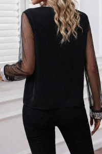 Kadın Uzun Kollu V Yakalı Tül Detaylı Ithal Krep Bluz