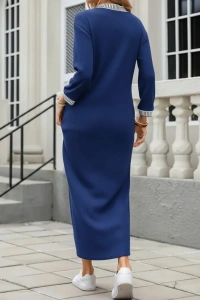 Kadın Uzun Kollu V Yakalı Yanlardan Yırtmaçlı Uzun Viskon Iki Iplik Elbise