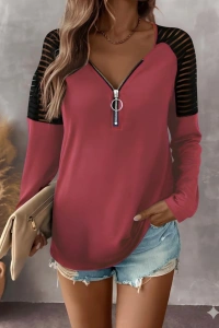 Kadın Uzun Kollu Yakadan Fermuarlı Viskon Bluz