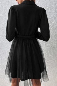 Kadın Uzun Kollu Yakalı Belinde Kemer Detaylı Mini Tüllü Ithal Krep Elbise