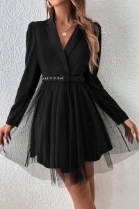 Kadın Uzun Kollu Yakalı Belinde Kemer Detaylı Mini Tüllü Ithal Krep Elbise