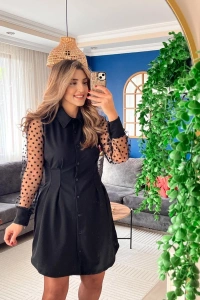 Kadın Uzun Kollu Yakalı Düğmeli Mini Ithal Krep Elbise