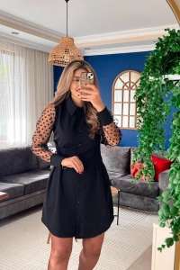 Kadın Uzun Kollu Yakalı Düğmeli Mini Ithal Krep Elbise