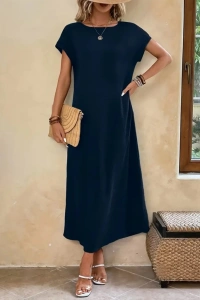 Kadın Uzun Kollu Yakası Açık Viskon Elbise