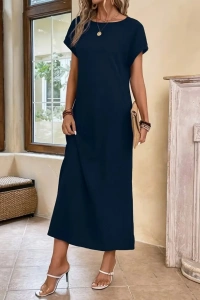 Kadın Uzun Kollu Yakası Açık Viskon Elbise