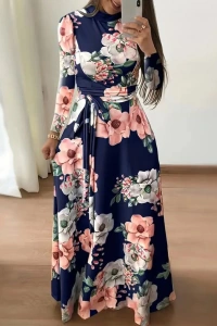 Kadın Uzun Kollu Yuvarlak Yakalı Beli Kuşaklı Desenli Süprem Uzun Elbise