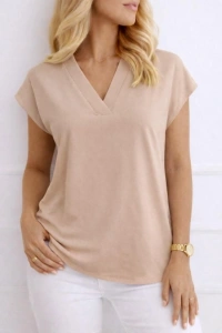 Kadın V Yaka Kısa Kol Dokuma Viskon Kumaş Bluz