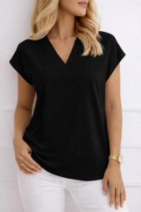 Kadın V Yaka Kısa Kol Dokuma Viskon Kumaş Bluz