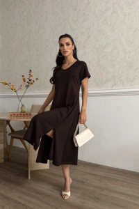 Kadın V Yaka Yırtmaç Detaylı Midi Boy Elbise