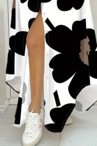 Kadın Yakalı önden Düğmeli çiçek Desenli Uzun Süprem Elbise