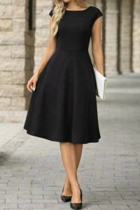 Kadın Yarım Ay Kollu Yakası Acık Kemersiz Midi Ithal Krep Elbise