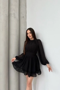 Kadın Yarım Balıkçı Yaka Kolları Transparan Astarlı Full şifon Elbise