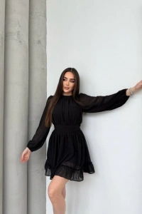 Kadın Yarım Balıkçı Yaka Kolları Transparan Astarlı Full şifon Elbise
