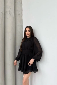 Kadın Yarım Balıkçı Yaka Kolları Transparan Astarlı Full şifon Elbise