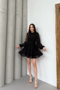 Kadın Yarım Balıkçı Yaka Kolları Transparan Astarlı Full şifon Elbise