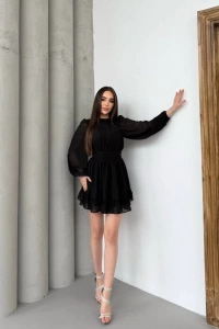 Kadın Yarım Balıkçı Yaka Kolları Transparan Astarlı Full şifon Elbise