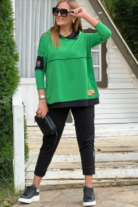 Kadın Yeşil Kapşonlu Etek Ucu Detay Arma Ters Dikiş Gorunumlu Ikili Takım