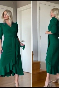 Kadın Yeşil Krep Kumaş Midi Boy Kuşaklı Uzunkol Elbise