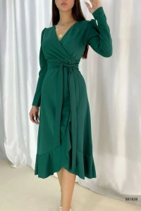 Kadın Yeşil Krep Kumaş Midi Boy Kuşaklı Uzunkol Elbise