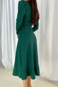Kadın Yeşil Krep Kumaş Midi Boy Kuşaklı Uzunkol Elbise