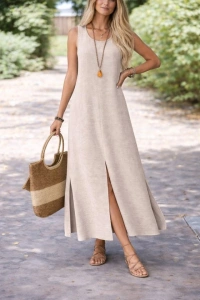 Kadın Yırtmaç Detay Kolsuz Maxi Boy Elbise