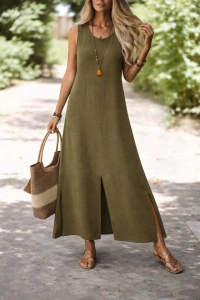 Kadın Yırtmaç Detay Kolsuz Maxi Boy Elbise